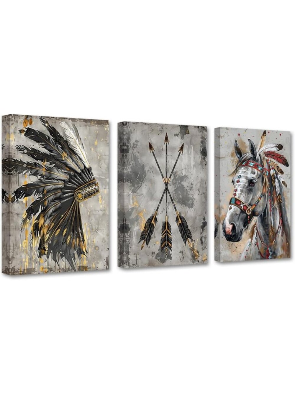 Tribal Wall Art Set - Vintage Native American Canvas Prints, Indian Chief Decor